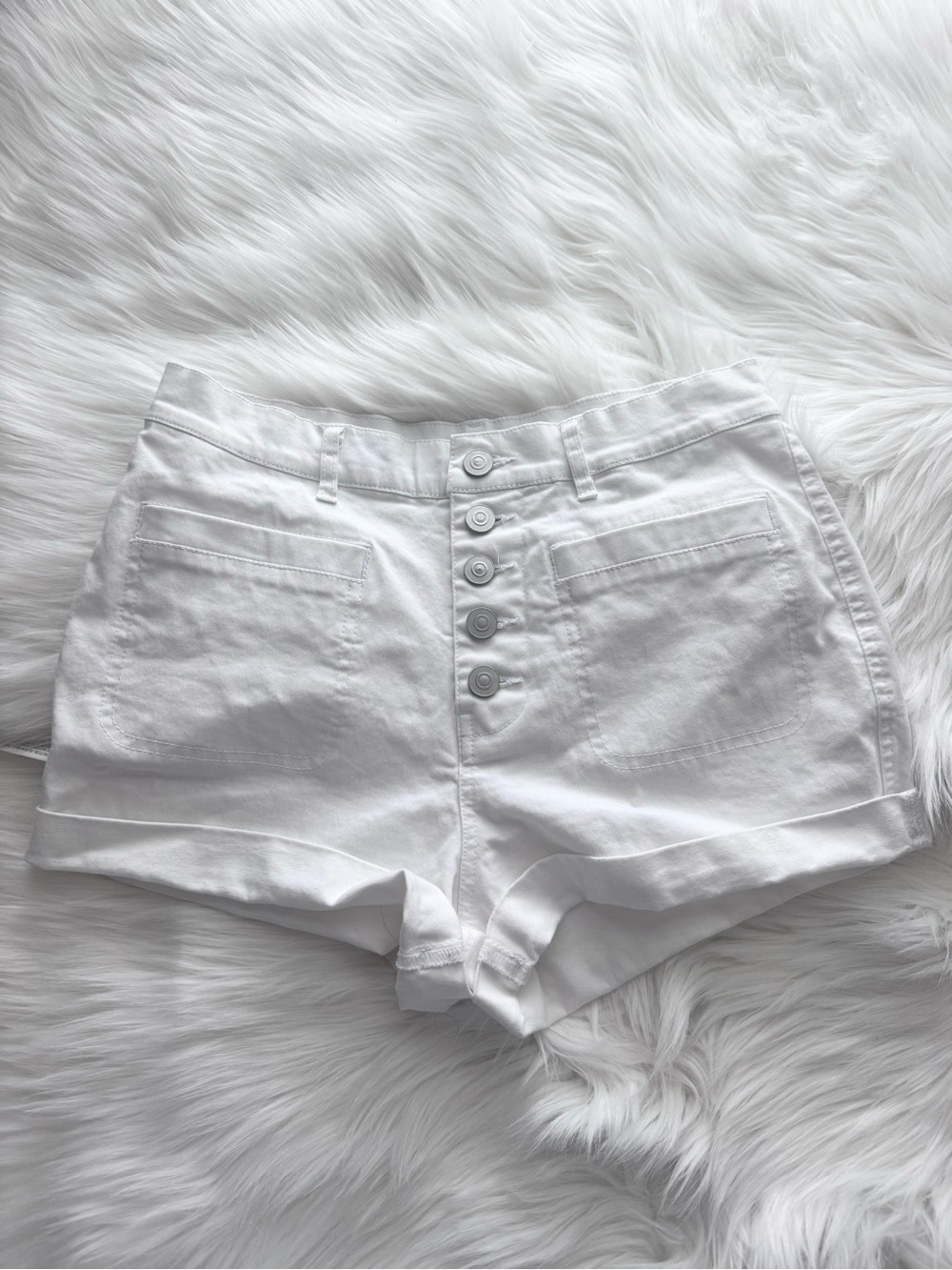 Rag Poets High-Waist White Button-Front Shorts
